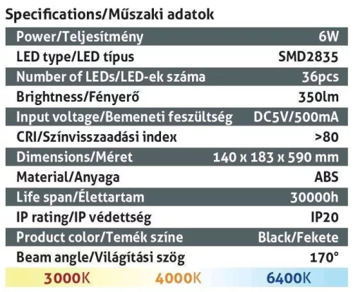 Avide LED Asztali Lámpa Irodai Bőrhatású naptár funkcióval, 6W Fekete 350lm