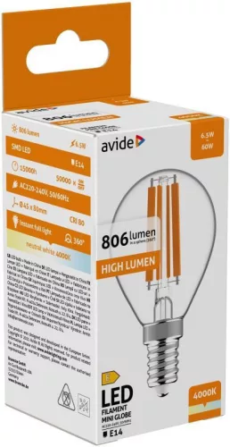 Avide LED Filament Mini Globe 6,5W, E14, 360, NW 4000K (806 lumen) High Lumen