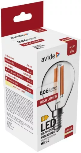 Avide LED Filament Mini Globe 6,5W, E14, 360, NW 4000K (806 lumen) High Lumen