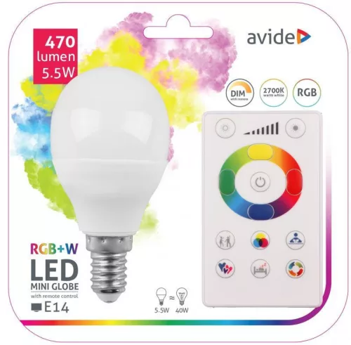 Avide Smart E14 5,5W RGB+W 2700K IR távirányítóval.