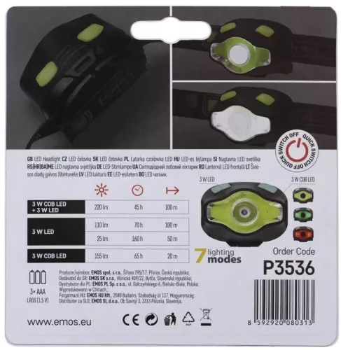 Fejlámpa 3W LED COB, 3×1,5 V AAA, fehér, zöld és piros színnel is világíthat