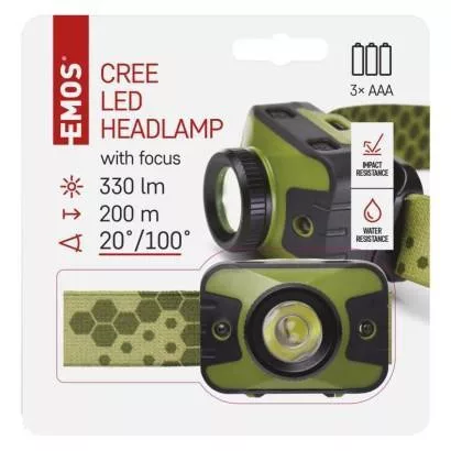 Fejlámpla, LED CREE + 2 piros LED, fókuszálható, max.200m, 3xAAA