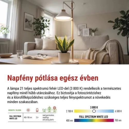 LED növénynevelő lámpa, teljes spektrum, 21 LED, beltéri, időzítővel