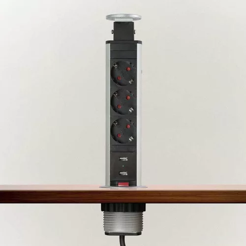 Energiaoszlop POP UP 3-as, 2x USB töltővel, süllyesztett elosztó, szálcsiszolt, 1,5 m kábellel