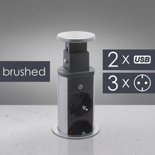 Energiaoszlop POP UP 3-as, 2x USB töltővel, süllyesztett elosztó, szálcsiszolt, 1,5 m kábellel
