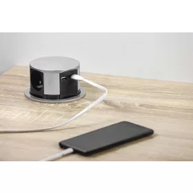   Asztalba süllyeszthető 3-as elosztó, 2x USB, Alumínium, függőleges, Ezüst, 230 V AC