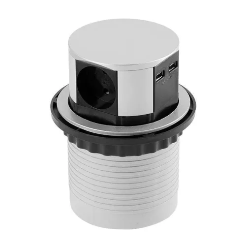 Asztalba süllyeszthető 3-as elosztó, 2x USB, Alumínium, függőleges, Ezüst, 230 V AC