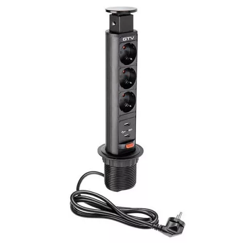 Asztalba süllyeszthető 3-as elosztó, 2x USB, függőleges, Fekete, 230 V AC