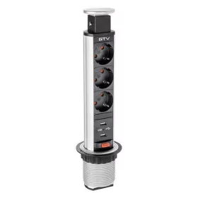   Asztalba süllyeszthető irodai elosztó, 3x 2P+F, 2 x USB, ezüst, átm: 60mm, 1,5m kábellel