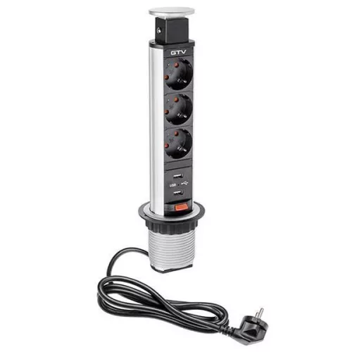 Asztalba süllyeszthető irodai elosztó, 3x 2P+F, 2 x USB, ezüst, átm: 60mm, 1,5m kábellel