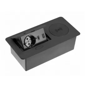   Elosztó 1x230V, 2xUSB 2,4A, Induktív töltő, asztalba süllyeszthető, 1,5 m kábellel