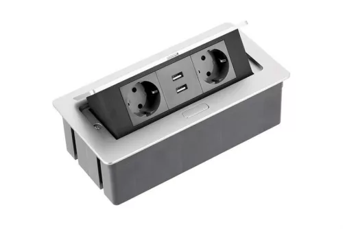 Asztalba süllyeszthető 3-as elosztó, 2xUSB, 230V, IP20, Ezüst