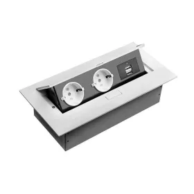   Elosztó 2x230V+2xUSB, fehér, asztalba rejtett gombbal nyitható, fémházas