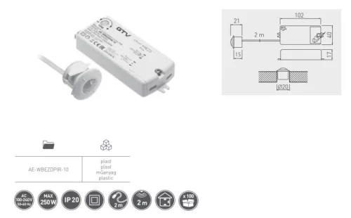 IR mozgásérzékelős kapcsoló, max. 250 W, AC220-240V, IP20, 2 m