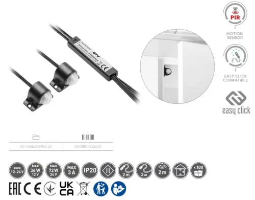 Érintésmentes kapcsoló, 1 üzemmódú, max. 12V/24V, 36W/72W, 2 érzékelő, 2 m kábel, fekete