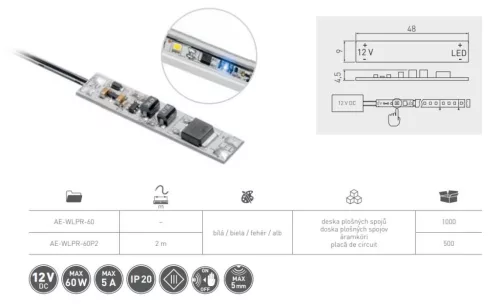 Érintőkapcsoló profilhoz, max. 60 W, DC12V, IP20, 2 m kábel