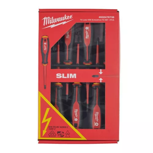 Milwaukee VDE Csavarhúzó készlet, 7 darabos (SL2,5, SL3, SL4, PH2, PZ1, PZ2 Teszter)