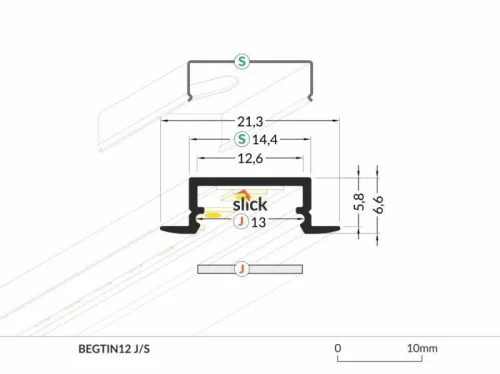 Led profil sín, BEGTIN 12, ELOXÁLT alumínium, süllyesztett, 2m /szál