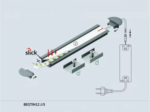 Led profil sín, BEGTIN 12, ELOXÁLT alumínium, süllyesztett, 2m /szál