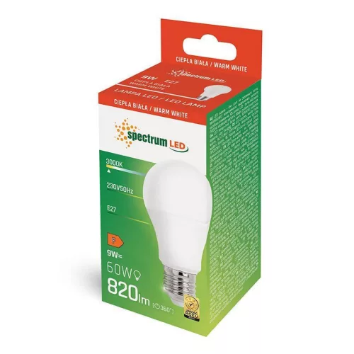 LED fényforrás, E27, 9W A60, 820lm, 3000K, Spectrum LED