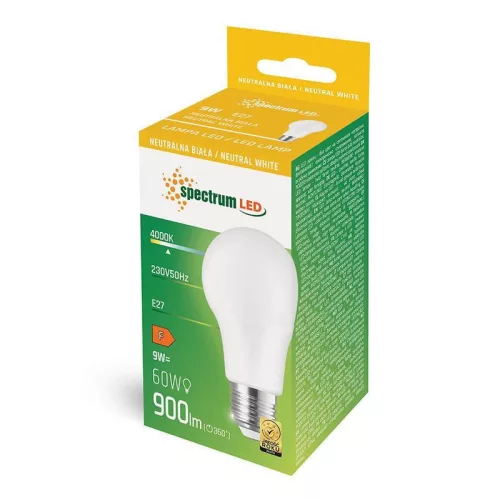 LED fényforrás, E27, 9W, A60, 900lm, 4000K, Spectrum LED